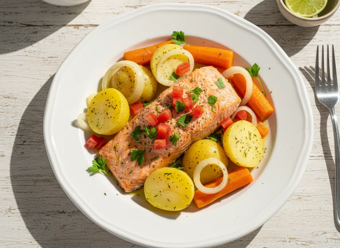 Salmão com batatas e cenouras photo
