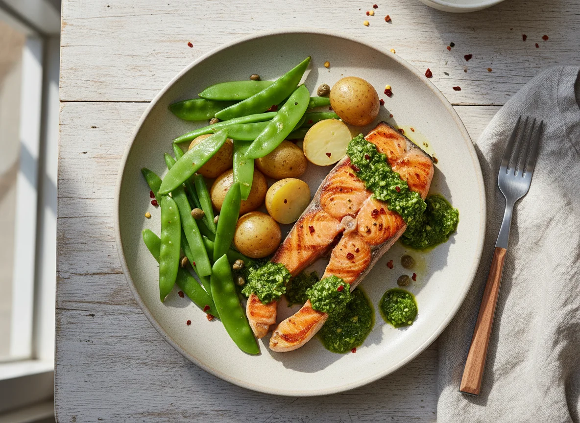 Salmão com batatas e legumes photo