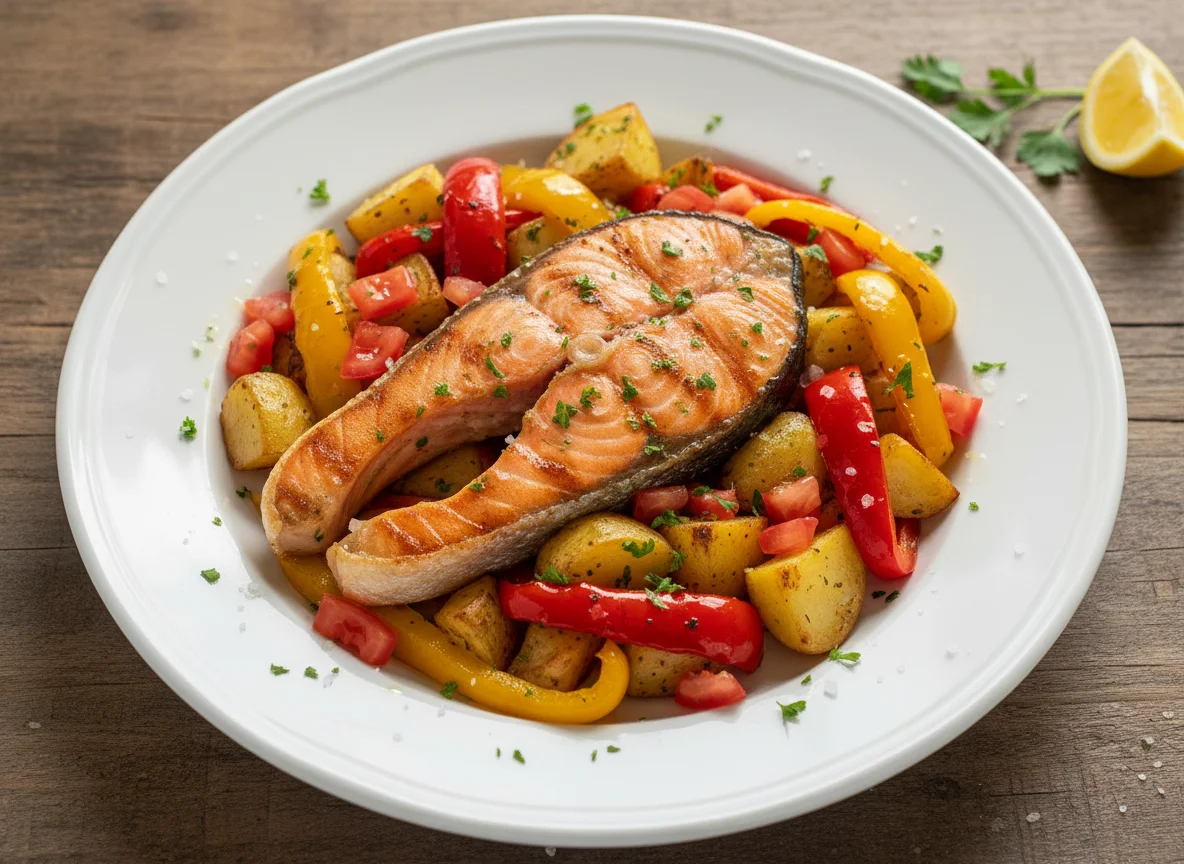 Salmão com batatas e pimentões photo