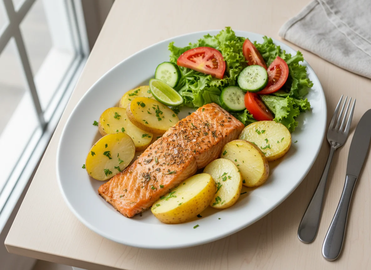 Salmão com batatas e salada photo