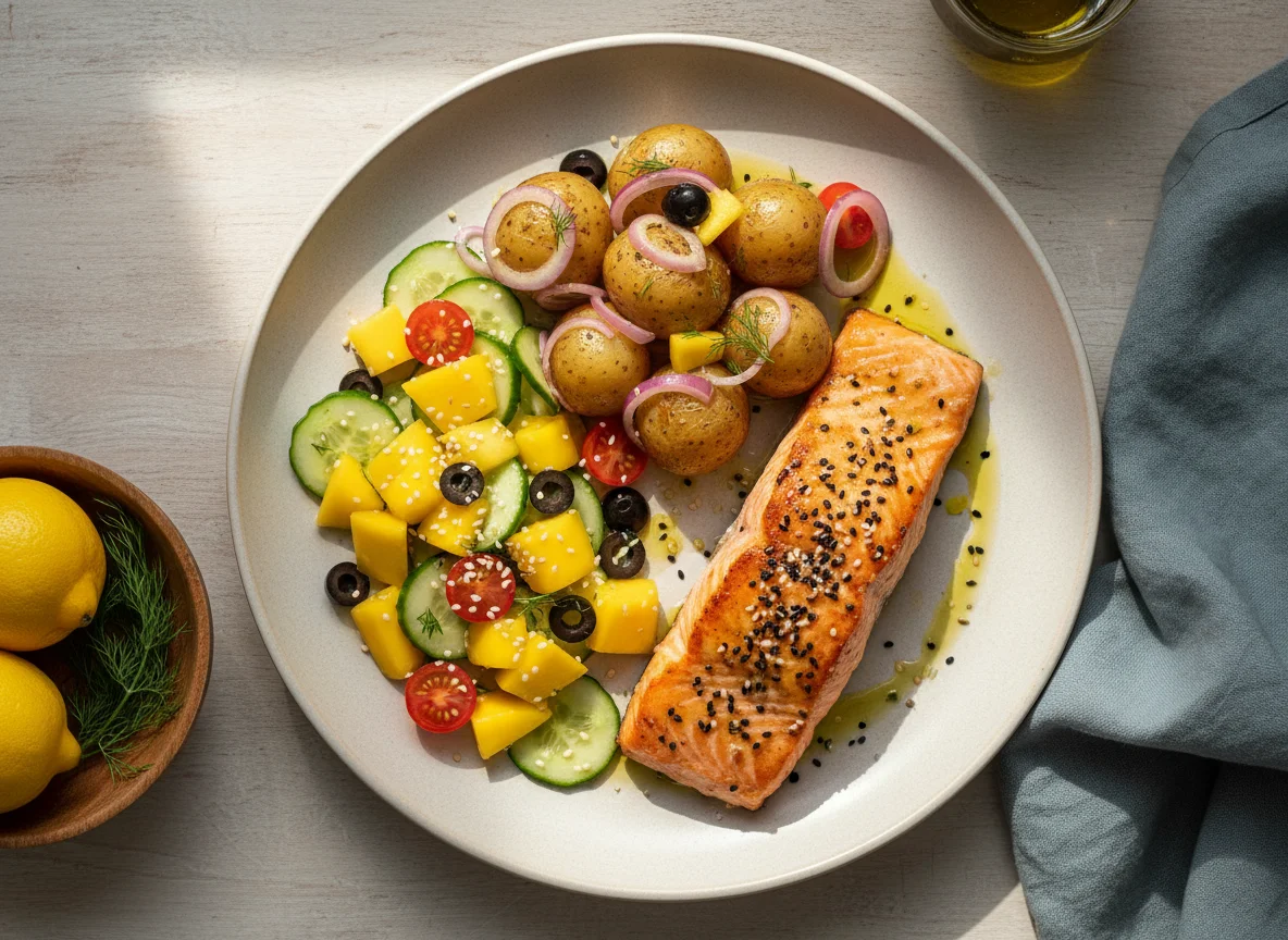 Salmão com batatas e salada de manga photo
