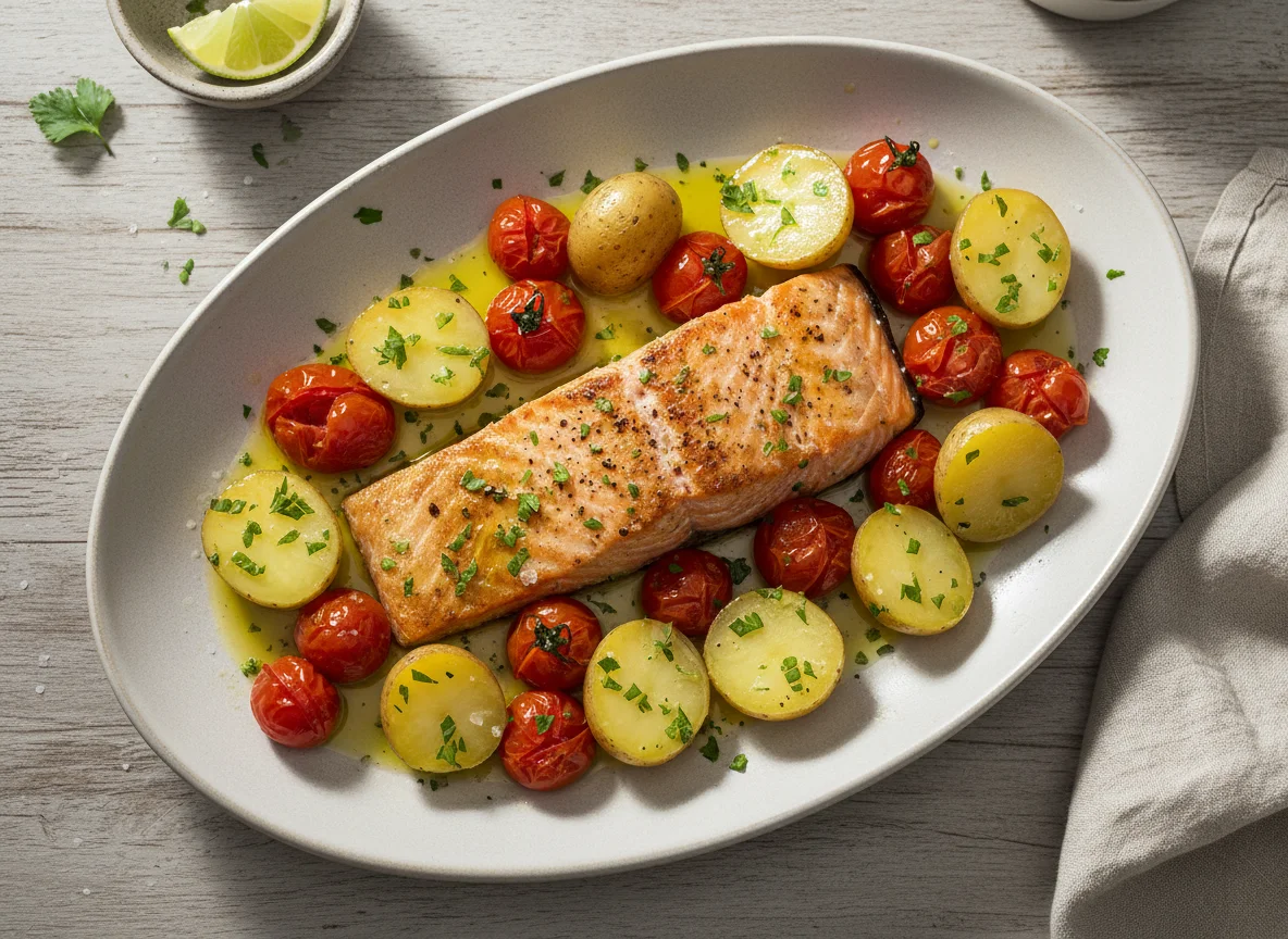 Salmão com batatas e tomate cereja photo