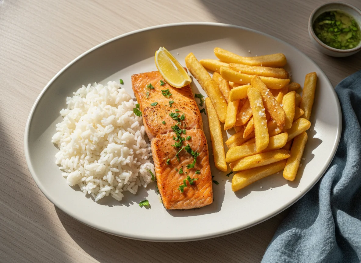 Salmão com batatas fritas e arroz photo