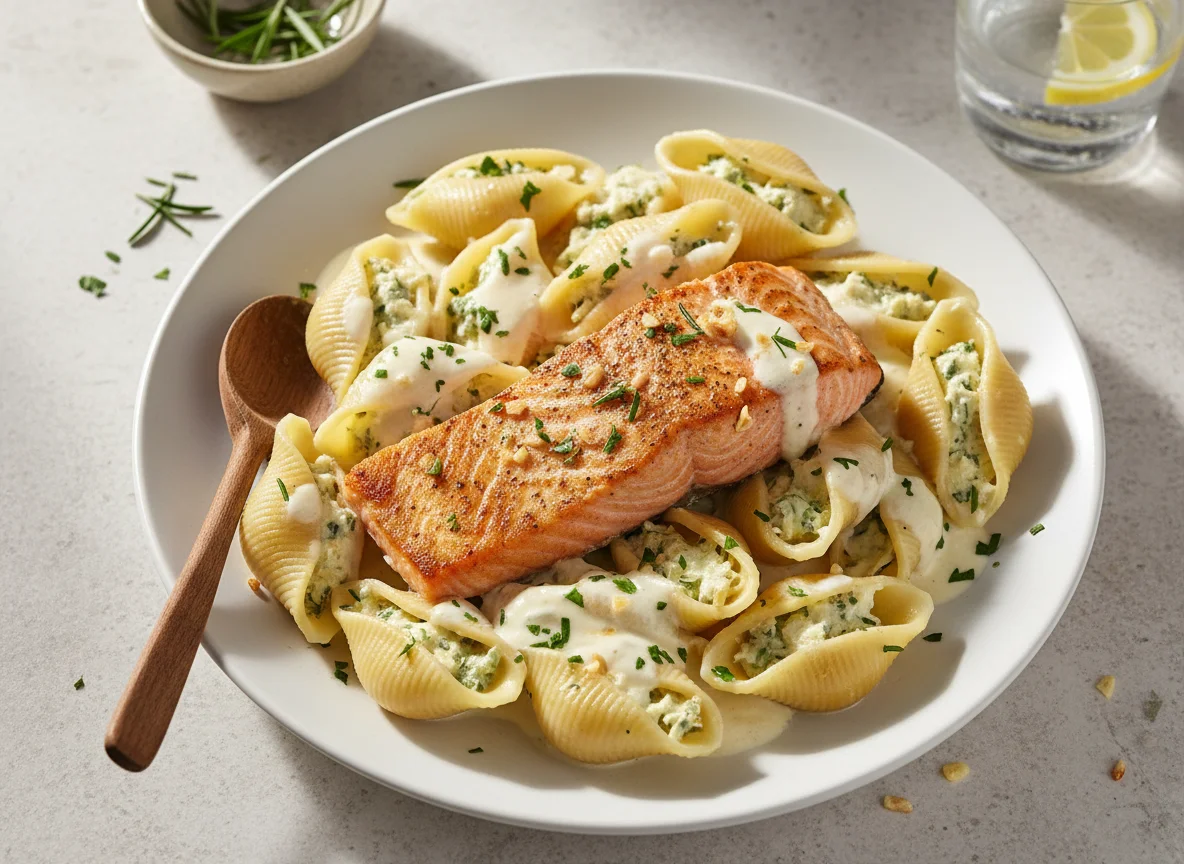 Salmão com conchiglione e molho branco photo