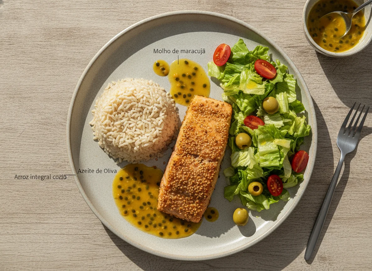 Salmão com crosta de gergelim, arroz integral e salada mista photo