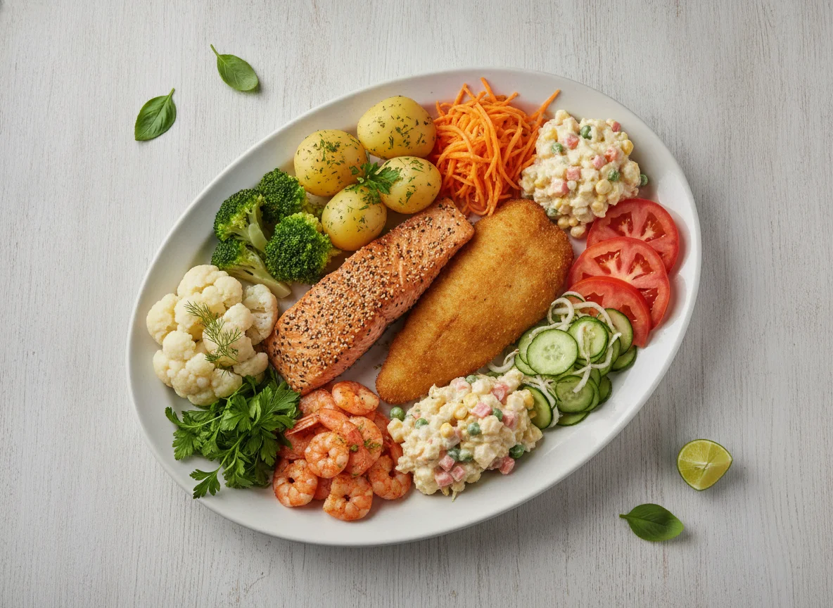 Salmão com Gergelim, Peixe Empanado e Saladas photo