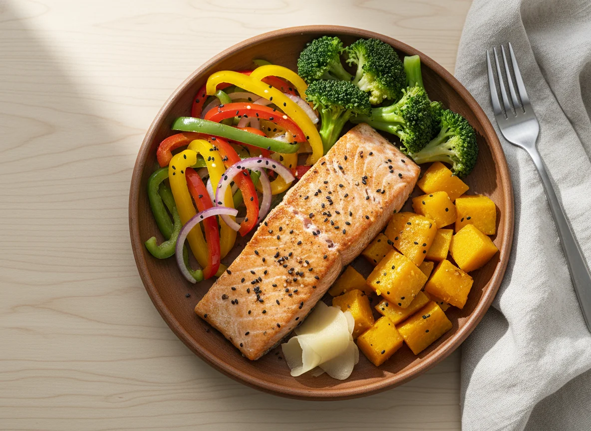 Salmão com legumes e abóbora photo