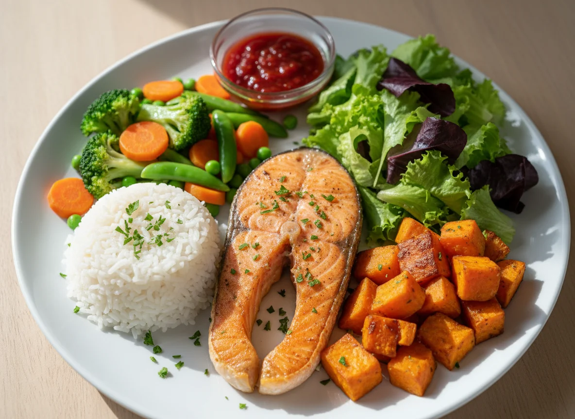 Salmão com legumes e arroz photo