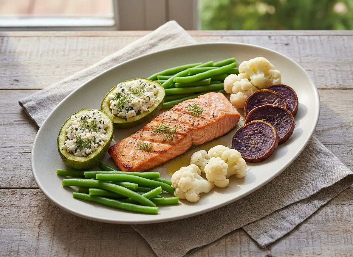 Salmão com legumes e batata doce photo