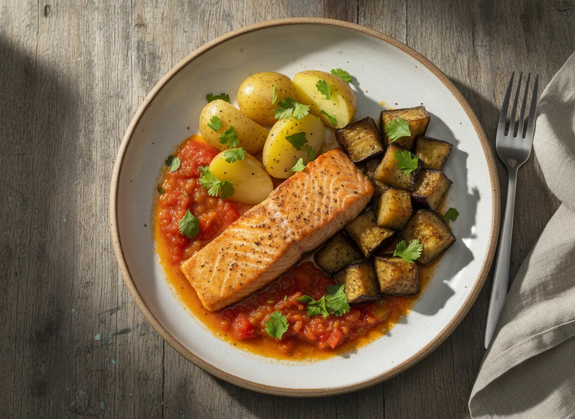 Salmão com legumes e batatas photo