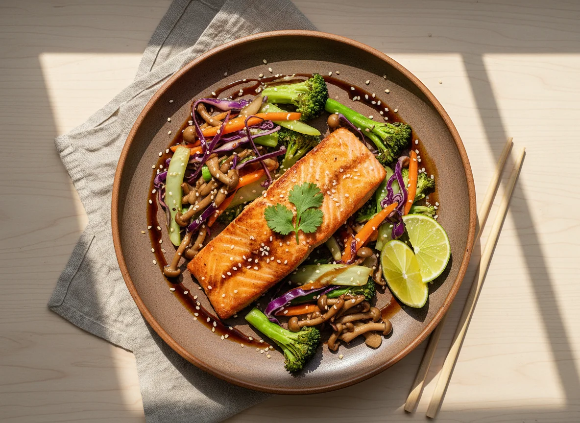 Salmão com legumes e cogumelos photo