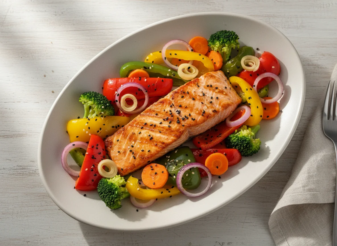 Salmão com legumes e gengibre photo