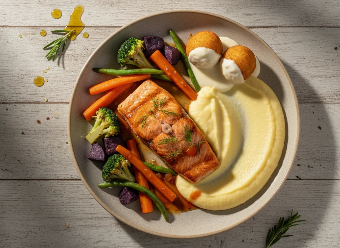 Salmão com Legumes e Purê de Batata Baroa photo