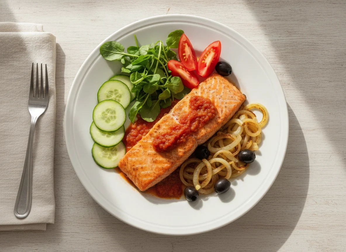 Salmão com legumes e salada photo