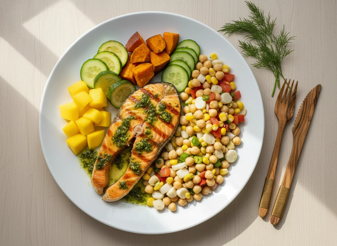 Salmão com legumes e salada de grão de bico photo