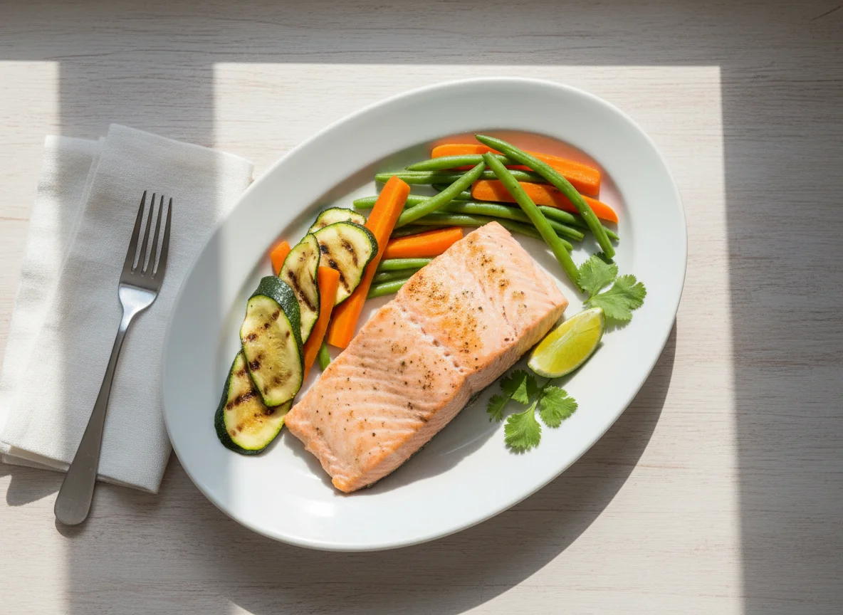 Salmão com legumes grelhados e cozidos photo