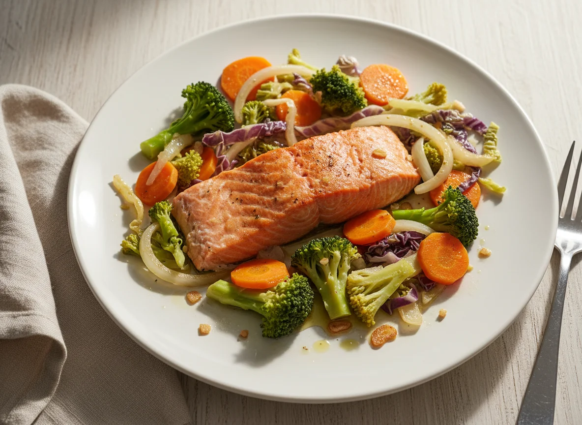 Salmão com legumes salteados photo