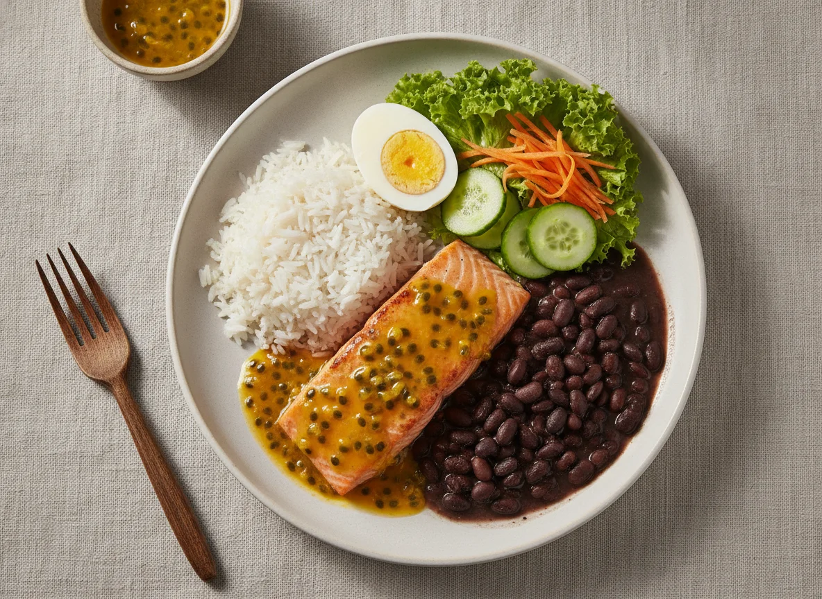 Salmão com maracujá, arroz, feijão, ovos e salada photo