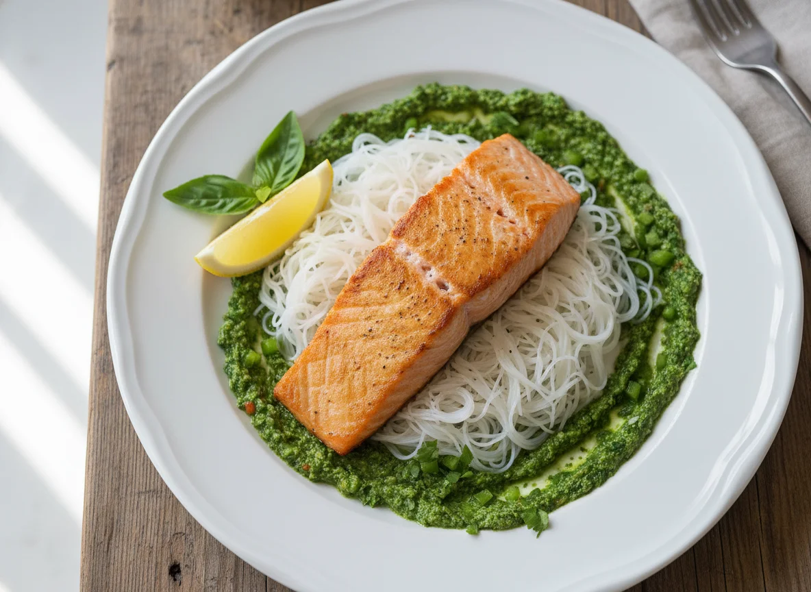 Salmão com Massa de Arroz e Molho de Ervas photo