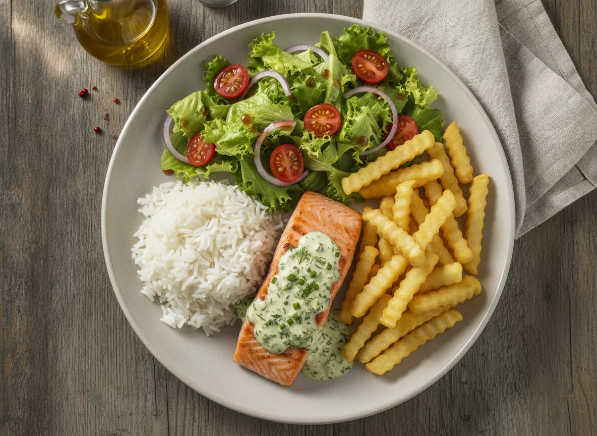 Salmão com molho de ervas, arroz, batatas fritas e salada photo