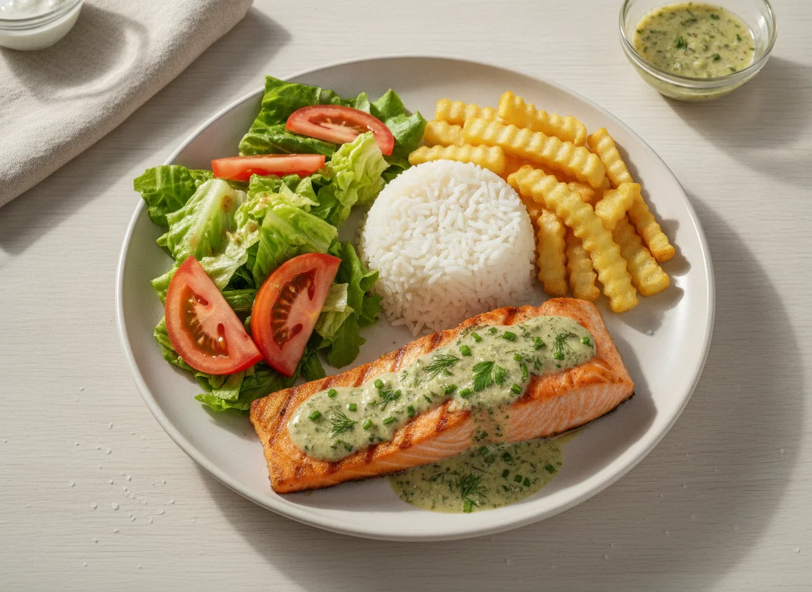 Salmão com molho de ervas, arroz, salada e batatas fritas photo