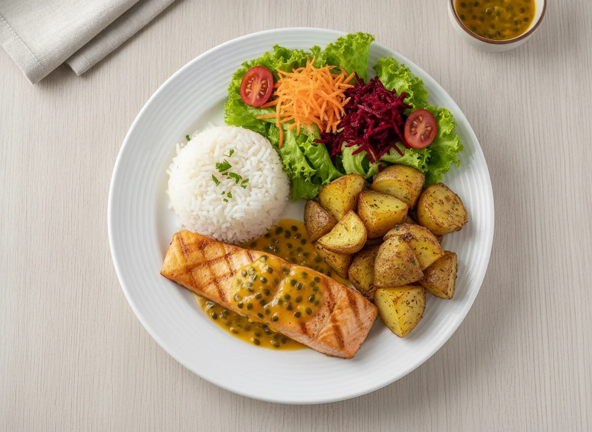 Salmão com molho de maracujá, arroz, batatas rústicas e salada photo