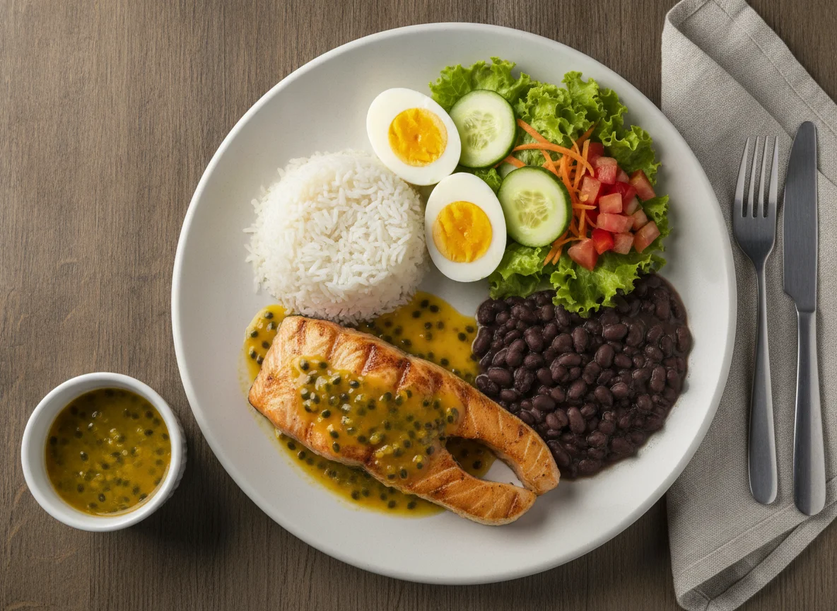 Salmão com molho de maracujá, arroz, feijão, ovos e salada photo