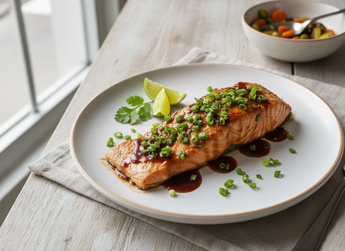 Salmão com molho teriyaki e cebolinha photo