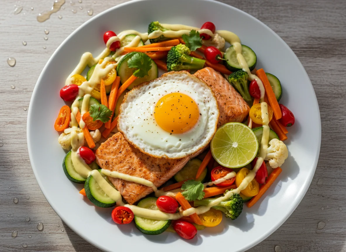 Salmão com Ovo Frito e Legumes Salteados photo