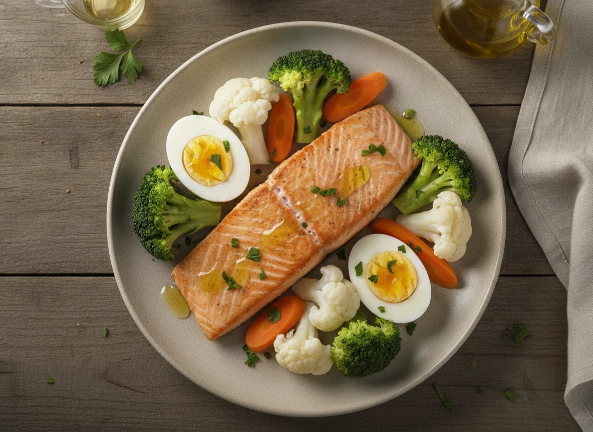 Salmão com ovos cozidos e vegetais no vapor photo