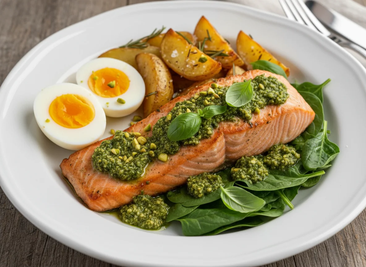 Salmão com Pesto, Ovos Cozidos e Batatas Assadas photo