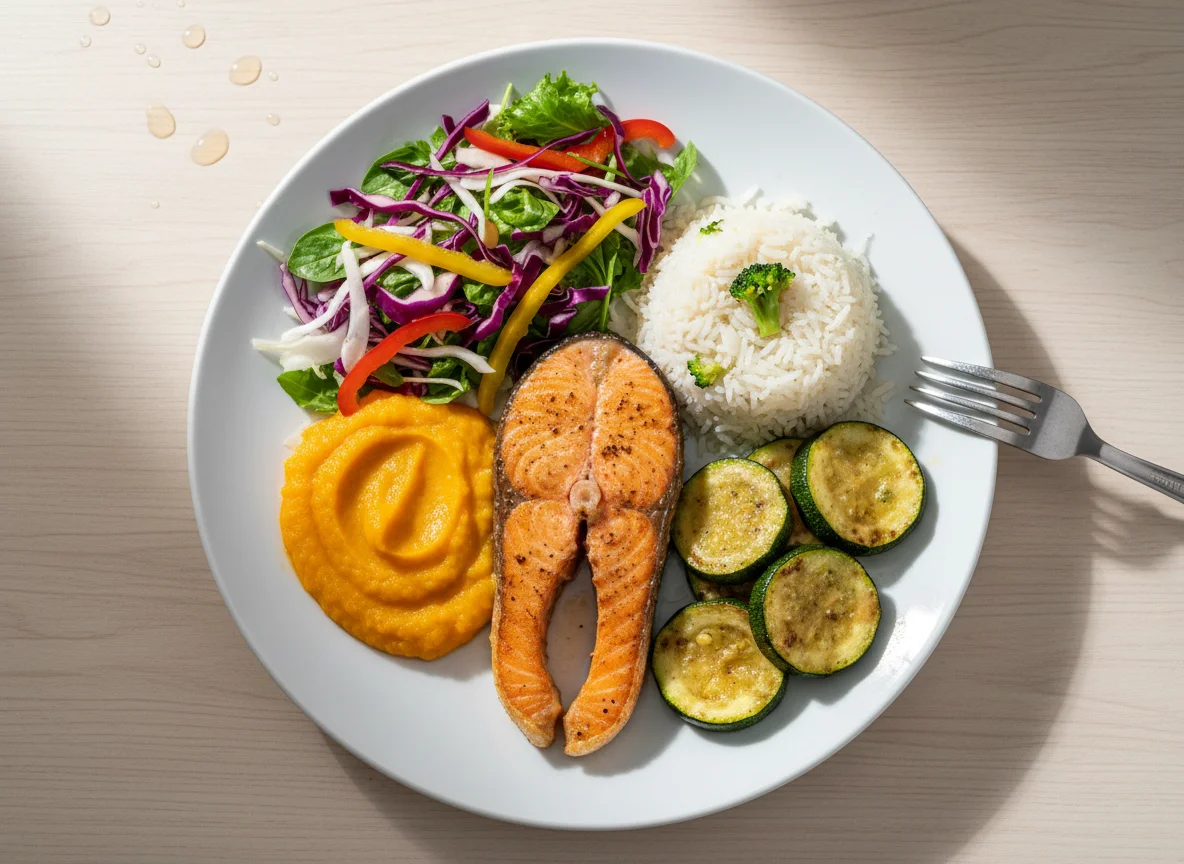 Salmão com purê de abóbora, arroz com brócolis, legumes grelhados e salada photo
