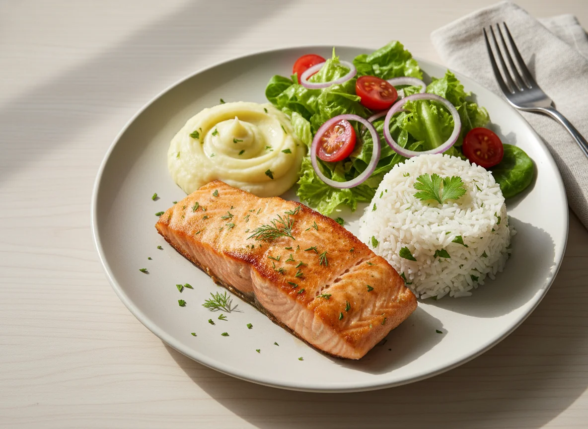 Salmão com purê de batata e salada photo