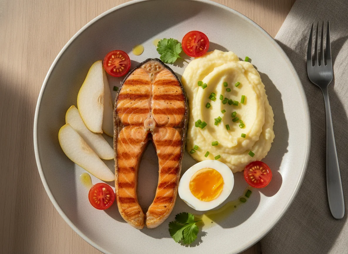 Salmão com puré de batata, ovo e pera photo