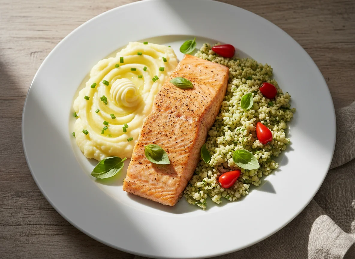 Salmão com purê e arroz de couve-flor photo