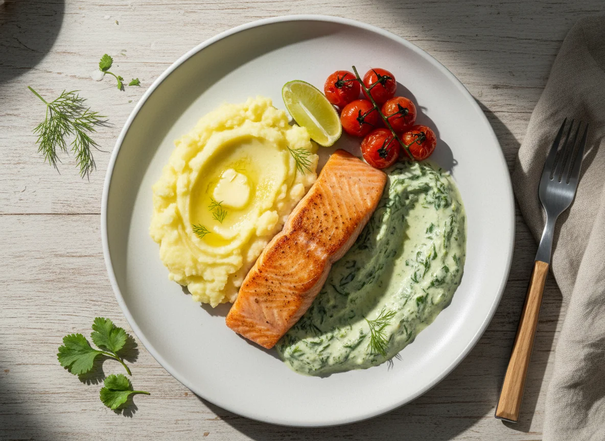 Salmão com purê e molho cremoso photo