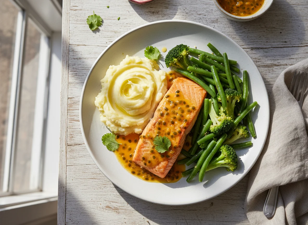 Salmão com purê e vegetais photo