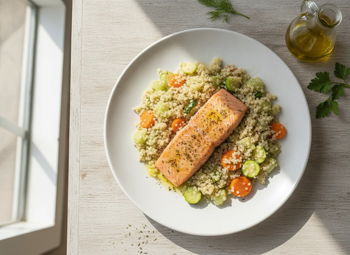 Salmão com Quinoa e Legumes Cozidos photo