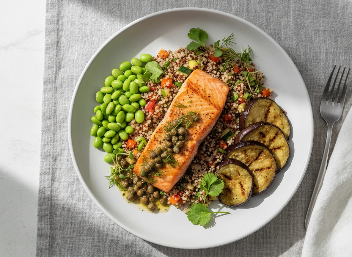Salmão com Quinoa, Edamame e Berinjela Assada photo