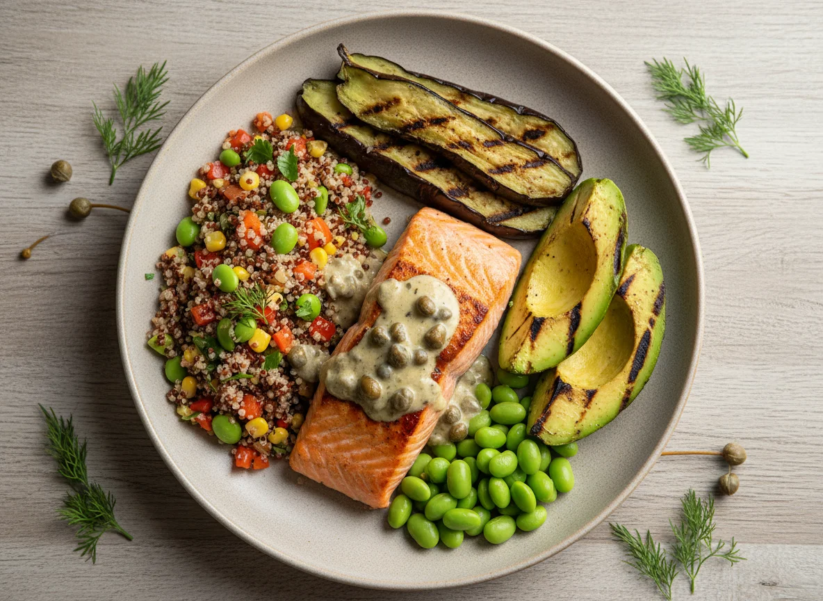 Salmão com quinoa, edamame e berinjela grelhada photo