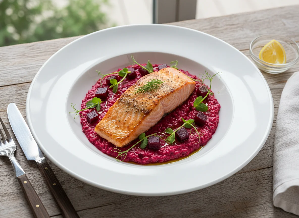 Salmão com Risoto de Beterraba photo