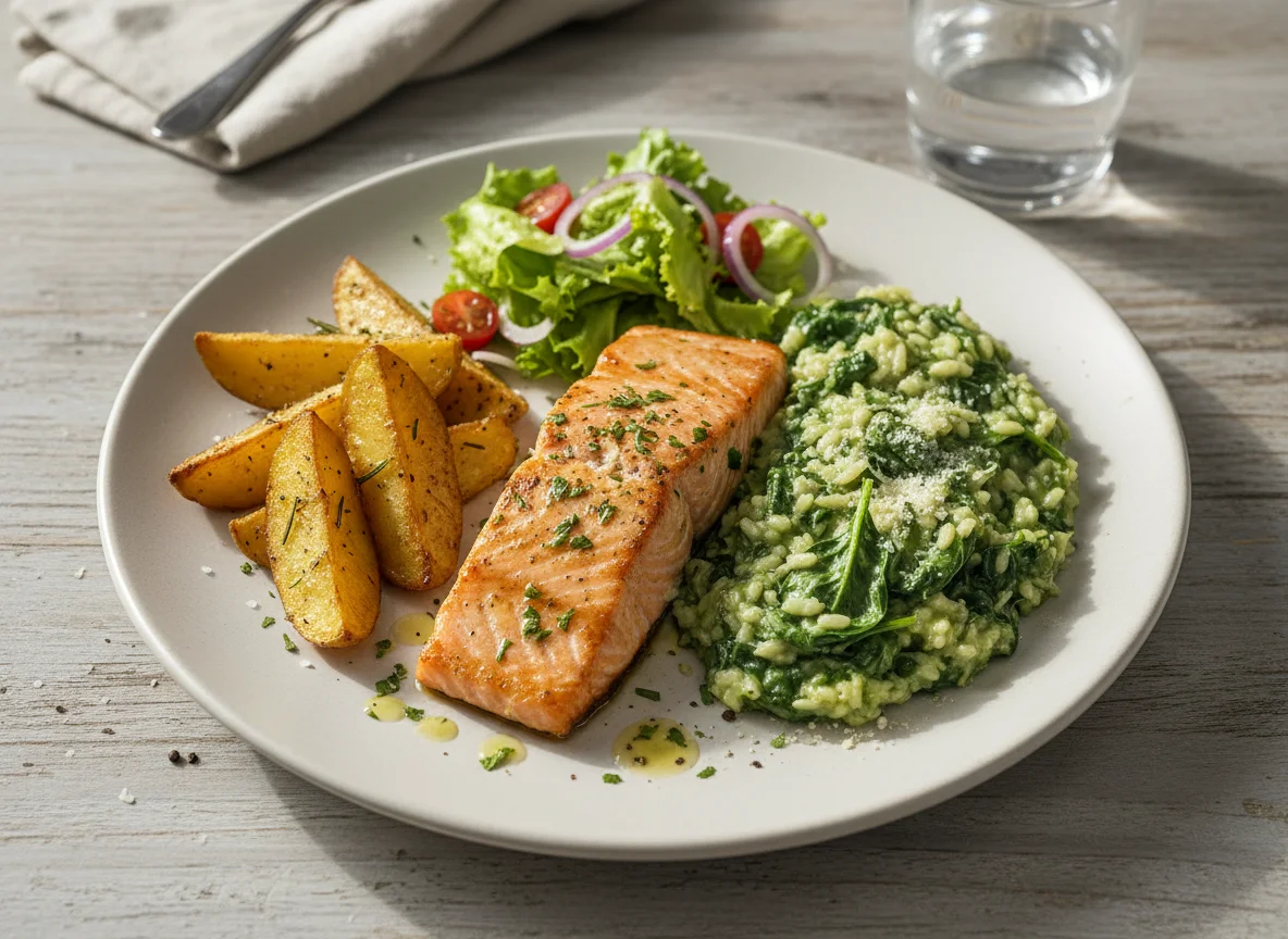 Salmão com risoto de espinafre, batatas assadas e alface photo