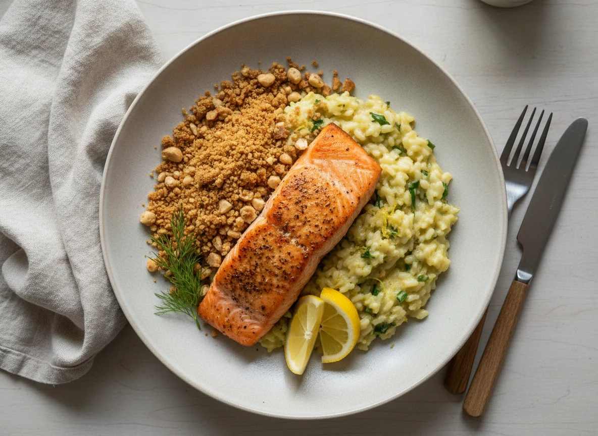 Salmão com risoto de limão siciliano e farofa de castanha photo