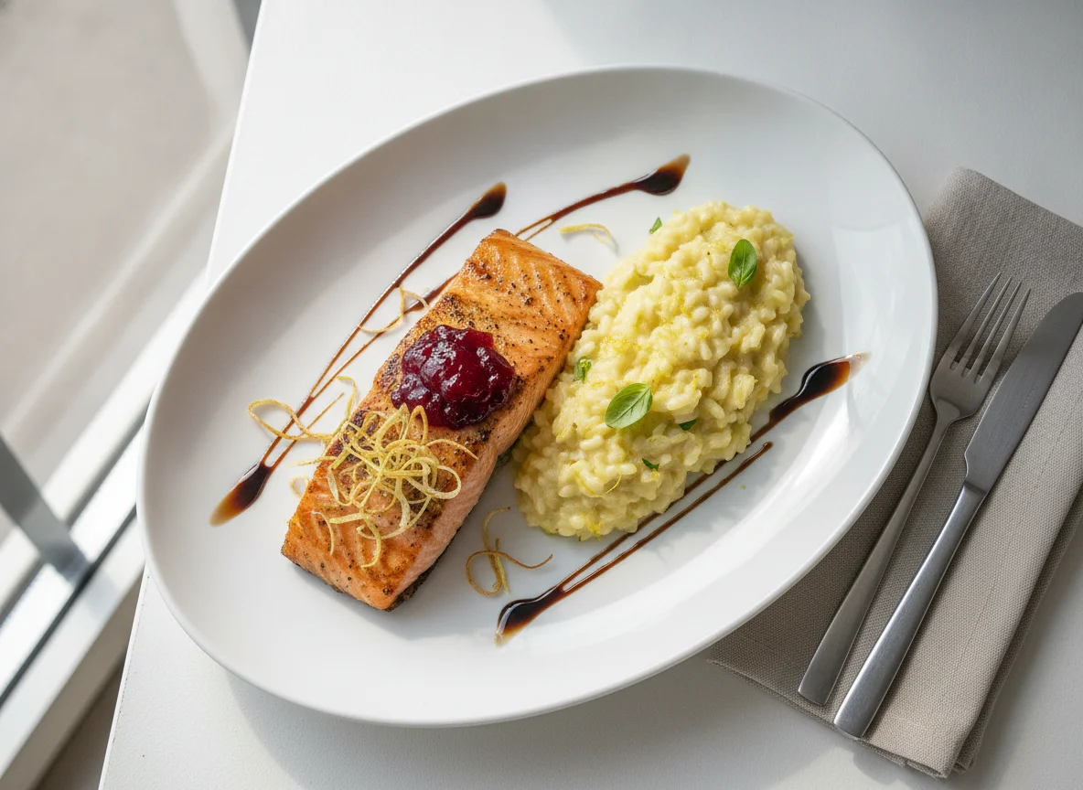 Salmão com Risoto de Limão Siciliano e Geleia de Frutas Vermelhas photo