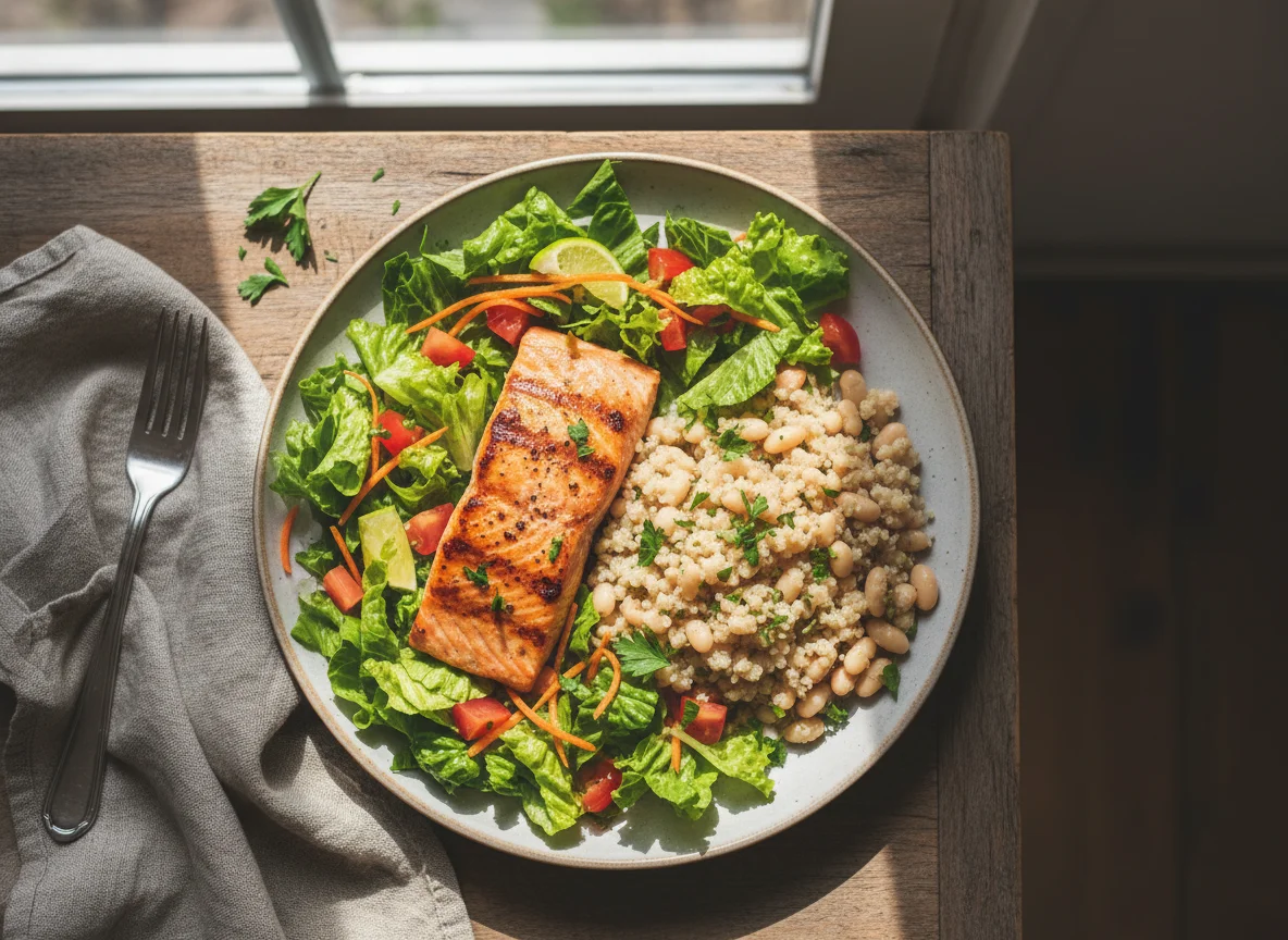 Salmão com salada de quinoa e feijão branco photo