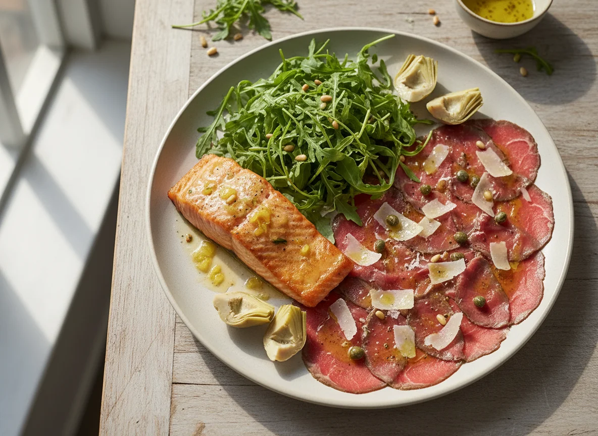 Salmão com salada e carpaccio photo