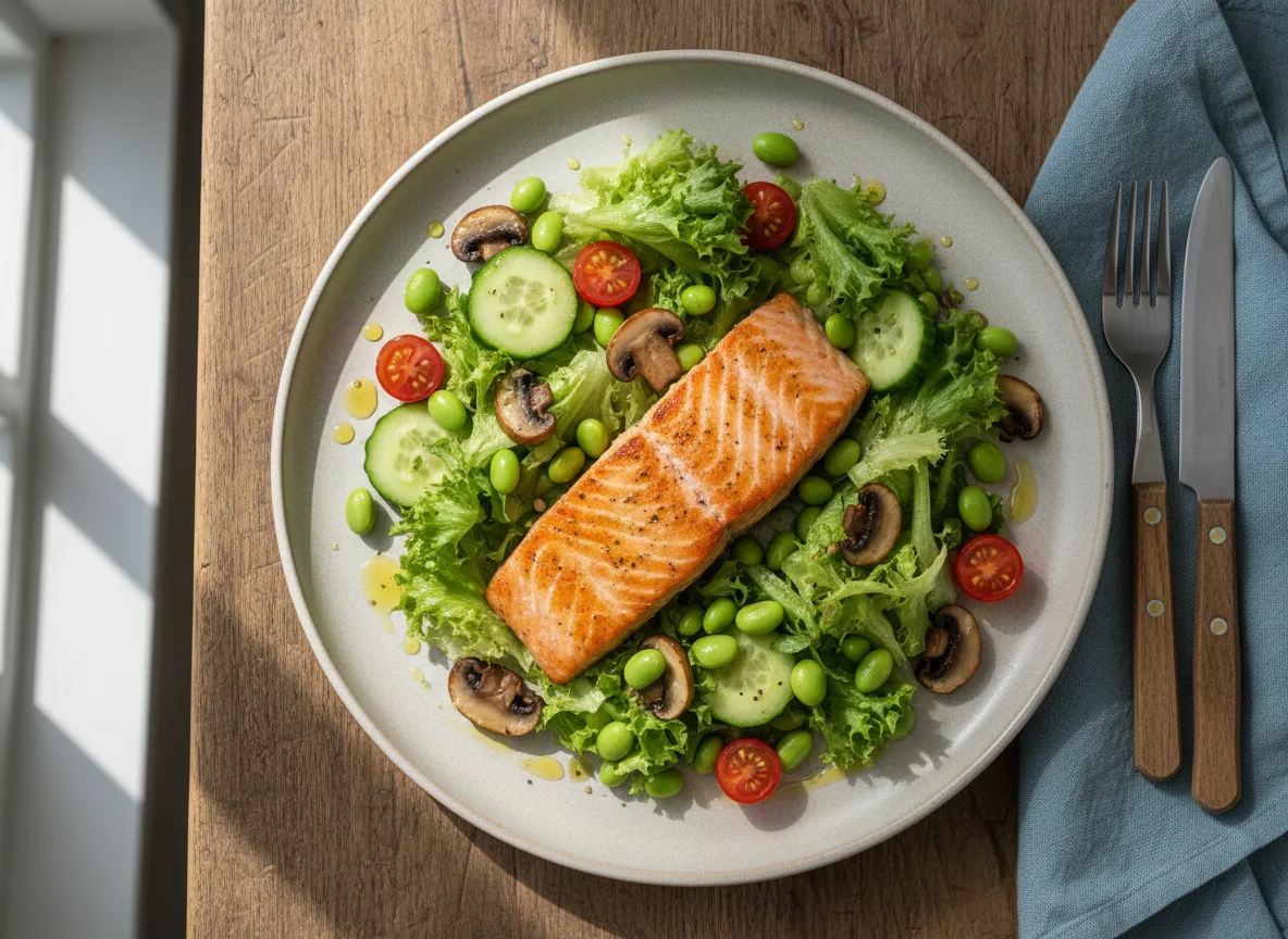 Salmão com salada e edamame photo