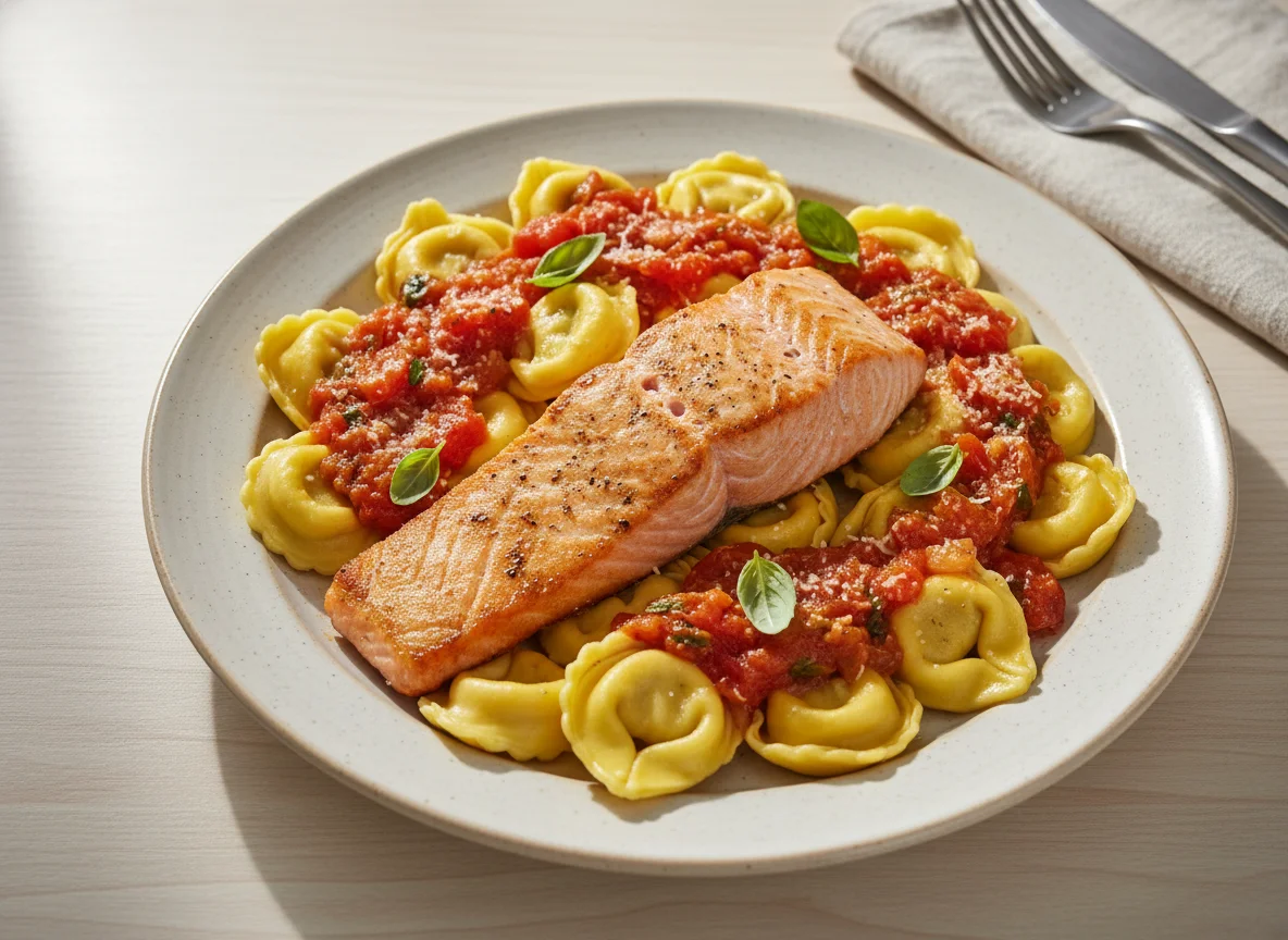 Salmão com Tortellini e Molho de Tomate photo