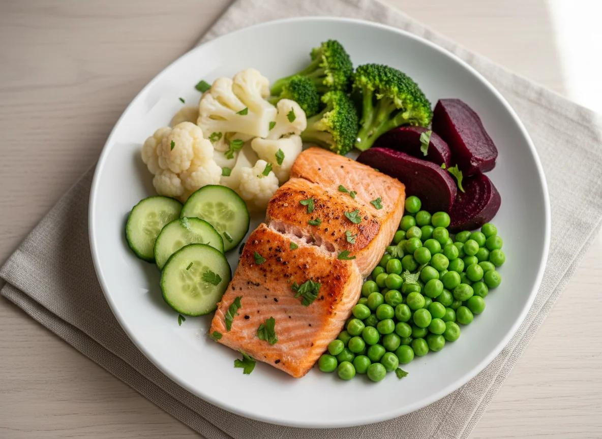 Salmão com vegetais variados photo