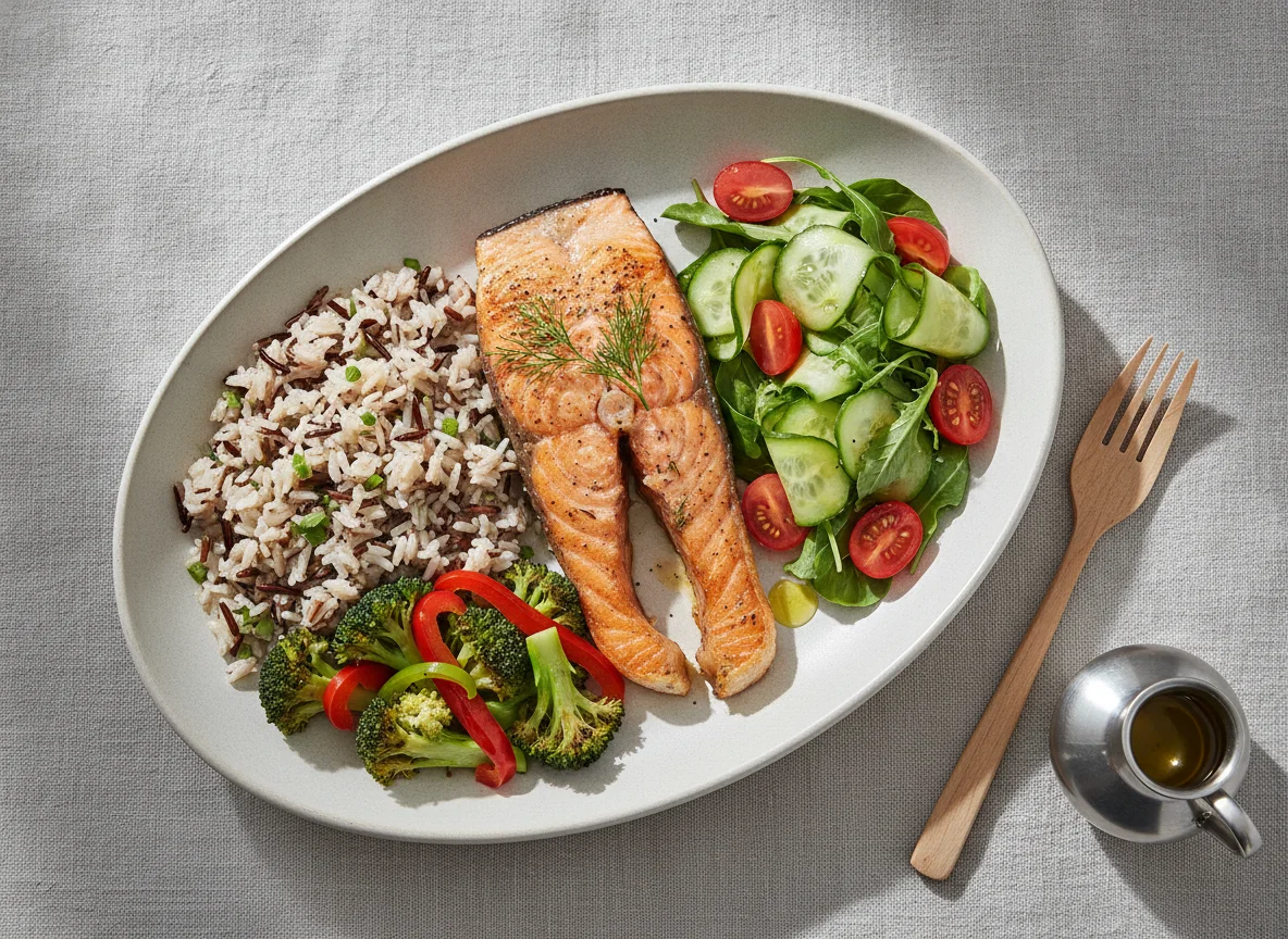 Salmão cozido com arroz selvagem, brócolos e salada photo
